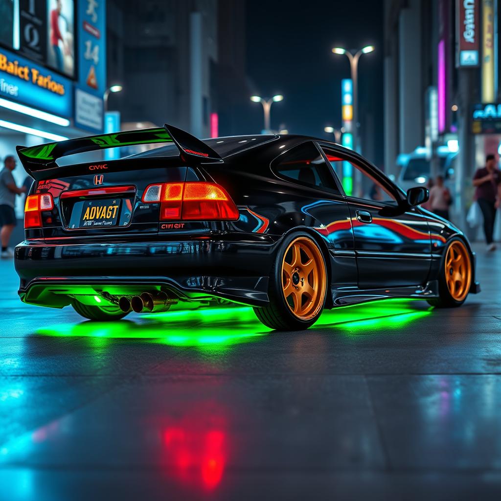 A 1993 Honda Civic EJ1 coupe in a sleek black finish, prominently featuring vibrant green neon lights glowing underneath