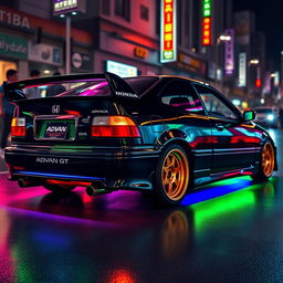 A 1993 Honda Civic EJ1 coupe in a sleek black finish, prominently featuring vibrant green neon lights glowing underneath