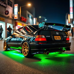 A 1993 Honda Civic EJ1 coupe in a sleek black finish, prominently featuring vibrant green neon lights glowing underneath