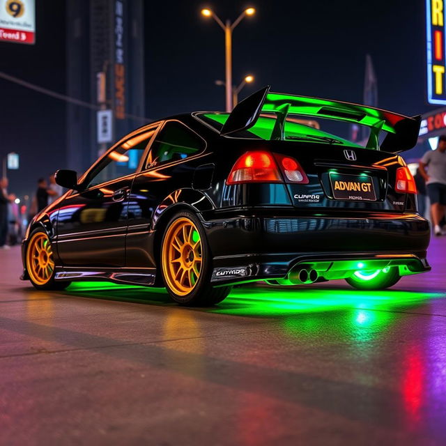 A 1993 Honda Civic EJ1 coupe in a sleek black finish, prominently featuring vibrant green neon lights glowing underneath