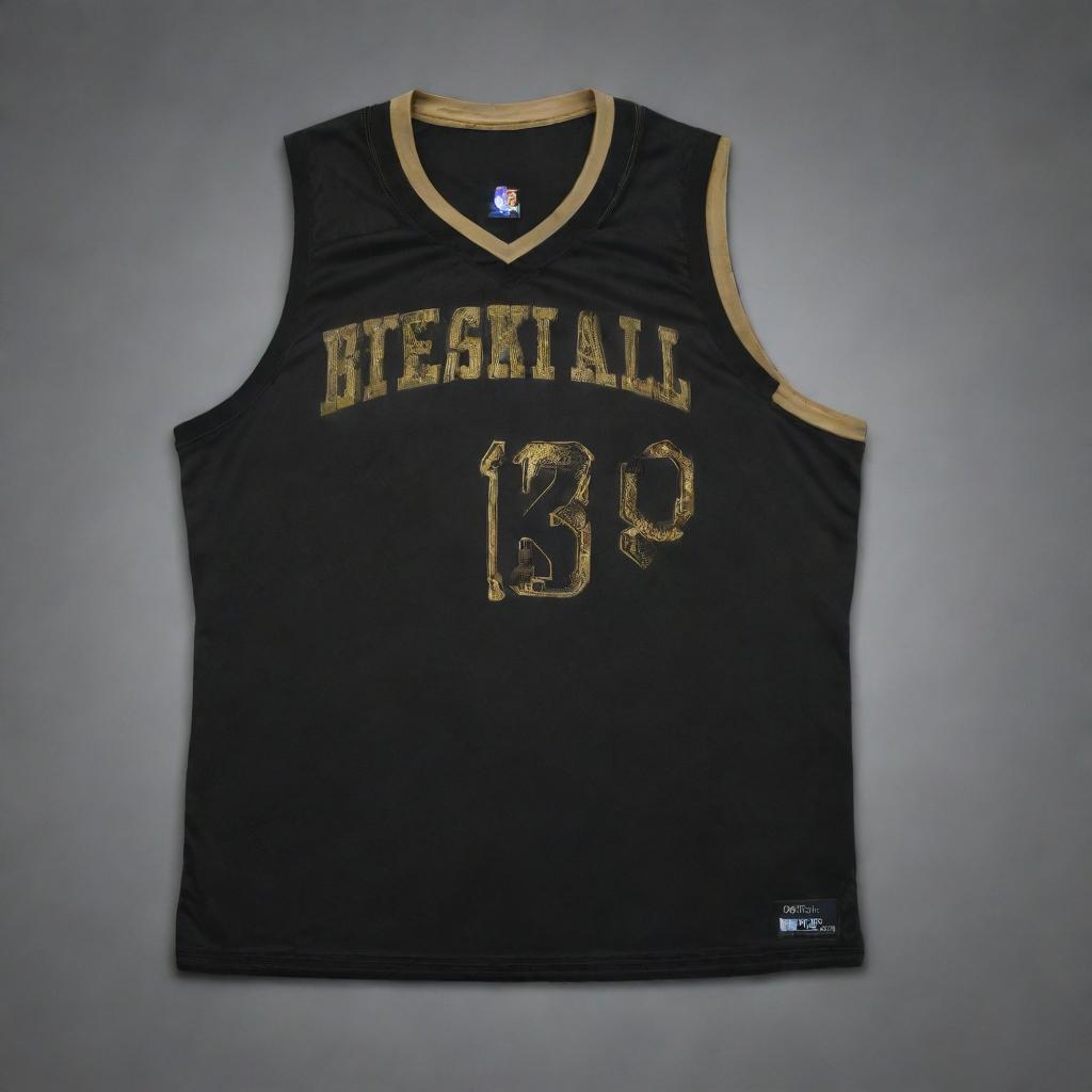 A front and back view of a black and gold basketball jersey, highlighting its striking design elements. The front features the team logo while the back boasts the player's number in gold on the black fabric base.