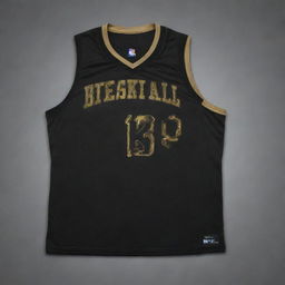 A front and back view of a black and gold basketball jersey, highlighting its striking design elements. The front features the team logo while the back boasts the player's number in gold on the black fabric base.