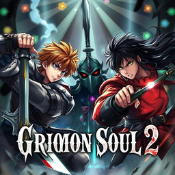 An intense, dark fantasy anime cover for 'Grimon Soul 2', depicting an epic battle scene in a mysterious circus setting