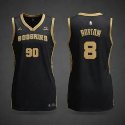 A front and back view of a black and gold basketball jersey, highlighting its striking design elements. The front features the team logo while the back boasts the player's number in gold on the black fabric base.