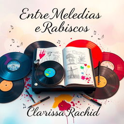 An imaginative book cover for 'Entre Melodias e Rabiscos', capturing the essence of an impossible love story between a DJ and a sketch artist purely through objects