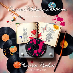 An imaginative book cover for 'Entre Melodias e Rabiscos', capturing the essence of an impossible love story between a DJ and a sketch artist purely through objects