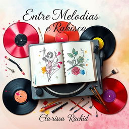 An imaginative book cover for 'Entre Melodias e Rabiscos', capturing the essence of an impossible love story between a DJ and a sketch artist purely through objects