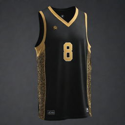 A front and back view of a black and gold basketball jersey, highlighting its striking design elements. The front features the team logo while the back boasts the player's number in gold on the black fabric base.