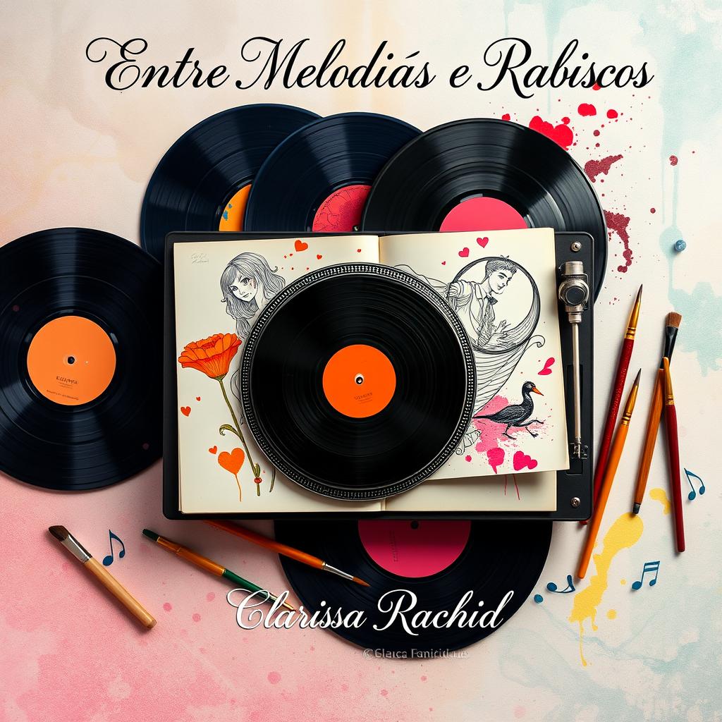 An imaginative book cover for 'Entre Melodias e Rabiscos', capturing the essence of an impossible love story between a DJ and a sketch artist purely through objects