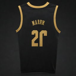 A front and back view of a black and gold basketball jersey, highlighting its striking design elements. The front features the team logo while the back boasts the player's number in gold on the black fabric base.