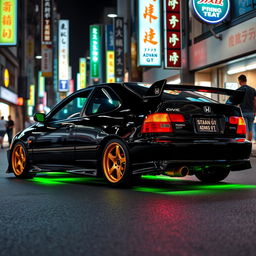 A 1993 Honda Civic EJ1 coupe in sleek black, enhanced with vibrant green neon lights glowing underneath