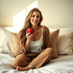 A captivating image of a 39-year-old woman sitting gracefully on a beautifully made bed, playfully biting into a shiny red apple