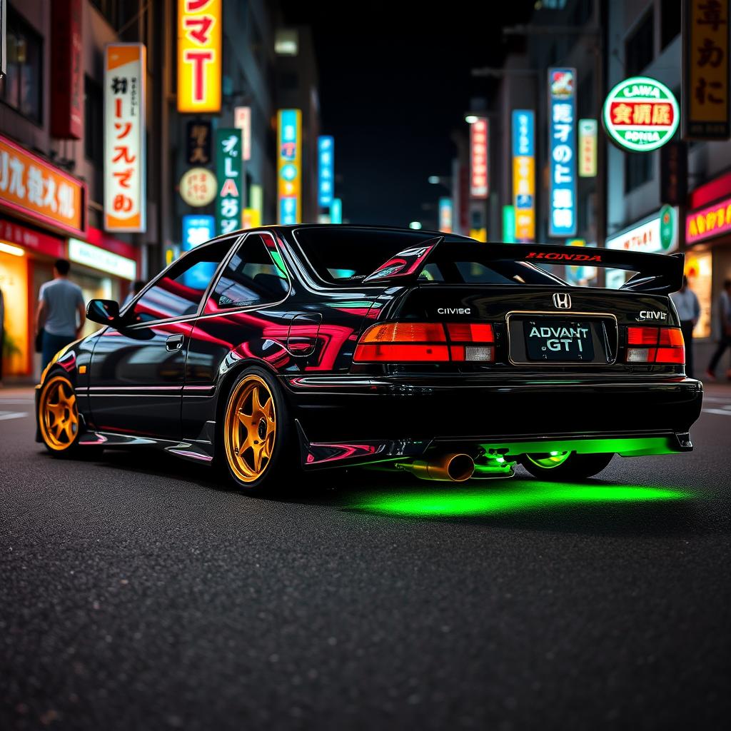 A 1993 Honda Civic EJ1 coupe in sleek black, enhanced with vibrant green neon lights glowing underneath