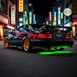 A 1993 Honda Civic EJ1 coupe in sleek black, enhanced with vibrant green neon lights glowing underneath