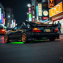 A 1993 Honda Civic EJ1 coupe in sleek black, enhanced with vibrant green neon lights glowing underneath