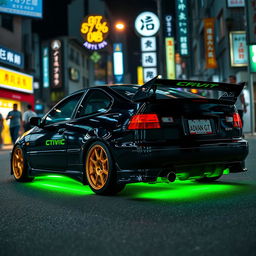 A 1993 Honda Civic EJ1 coupe in sleek black, enhanced with vibrant green neon lights glowing underneath