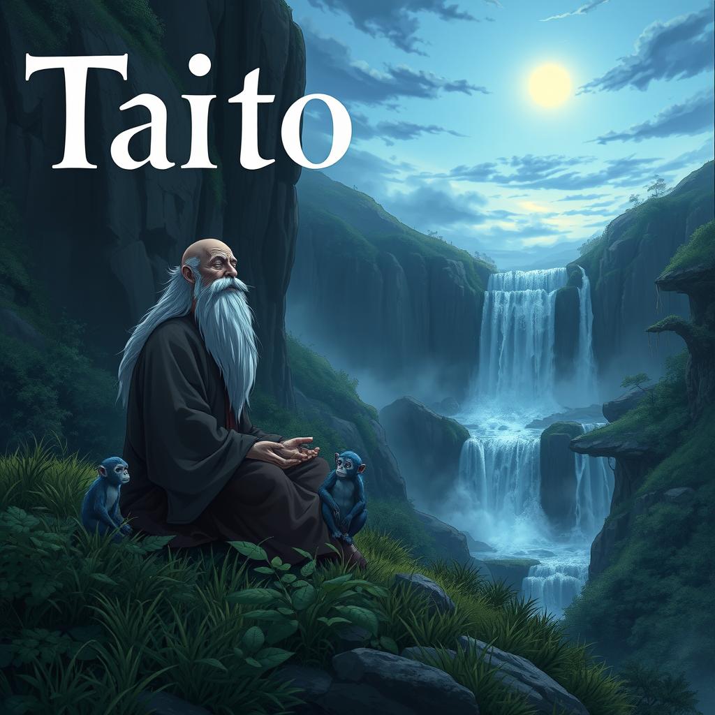 A serene and captivating dark fantasy anime cover titled 'Taito', featuring an elderly man with a long white beard, bald head, deeply immersed in meditation on a hill