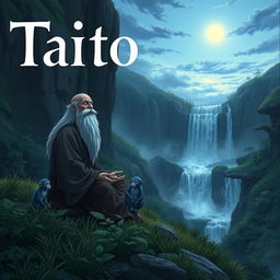 A serene and captivating dark fantasy anime cover titled 'Taito', featuring an elderly man with a long white beard, bald head, deeply immersed in meditation on a hill