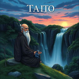 A serene and captivating dark fantasy anime cover titled 'Taito', featuring an elderly man with a long white beard, bald head, deeply immersed in meditation on a hill