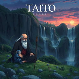 A serene and captivating dark fantasy anime cover titled 'Taito', featuring an elderly man with a long white beard, bald head, deeply immersed in meditation on a hill