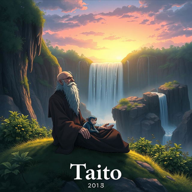 A serene and captivating dark fantasy anime cover titled 'Taito', featuring an elderly man with a long white beard, bald head, deeply immersed in meditation on a hill