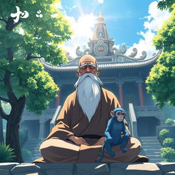 A serene and captivating fantasy anime cover titled 'Taito', featuring an elderly man with a long white beard and a bald head, deeply immersed in meditation on a sunny day at a temple