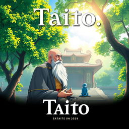 A serene and captivating fantasy anime cover titled 'Taito', featuring an elderly man with a long white beard and a bald head, deeply immersed in meditation on a sunny day at a temple