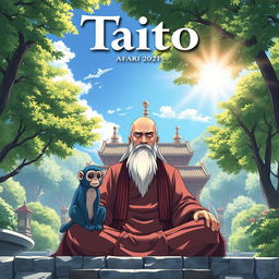 A serene and captivating fantasy anime cover titled 'Taito', featuring an elderly man with a long white beard and a bald head, deeply immersed in meditation on a sunny day at a temple