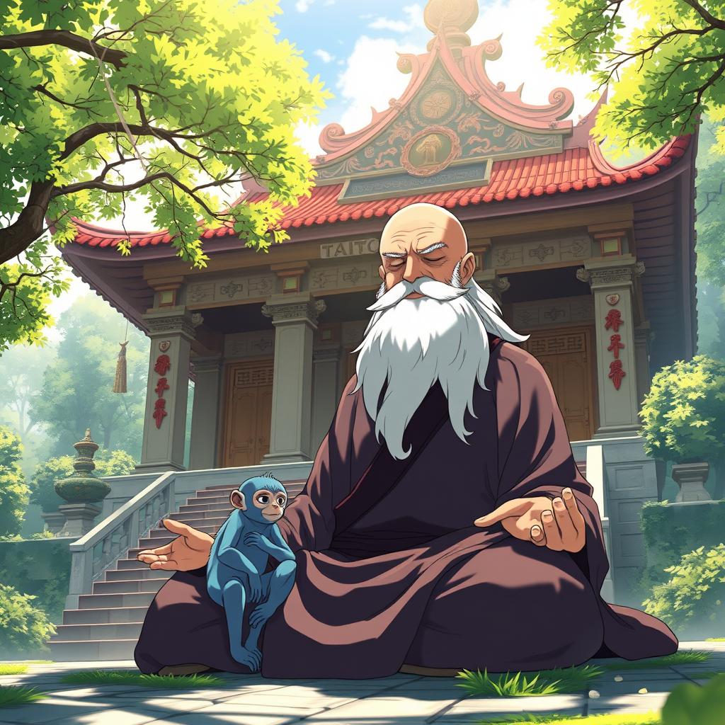 A serene and captivating fantasy anime cover titled 'Taito', featuring an elderly man with a long white beard and a bald head, deeply immersed in meditation on a sunny day at a temple