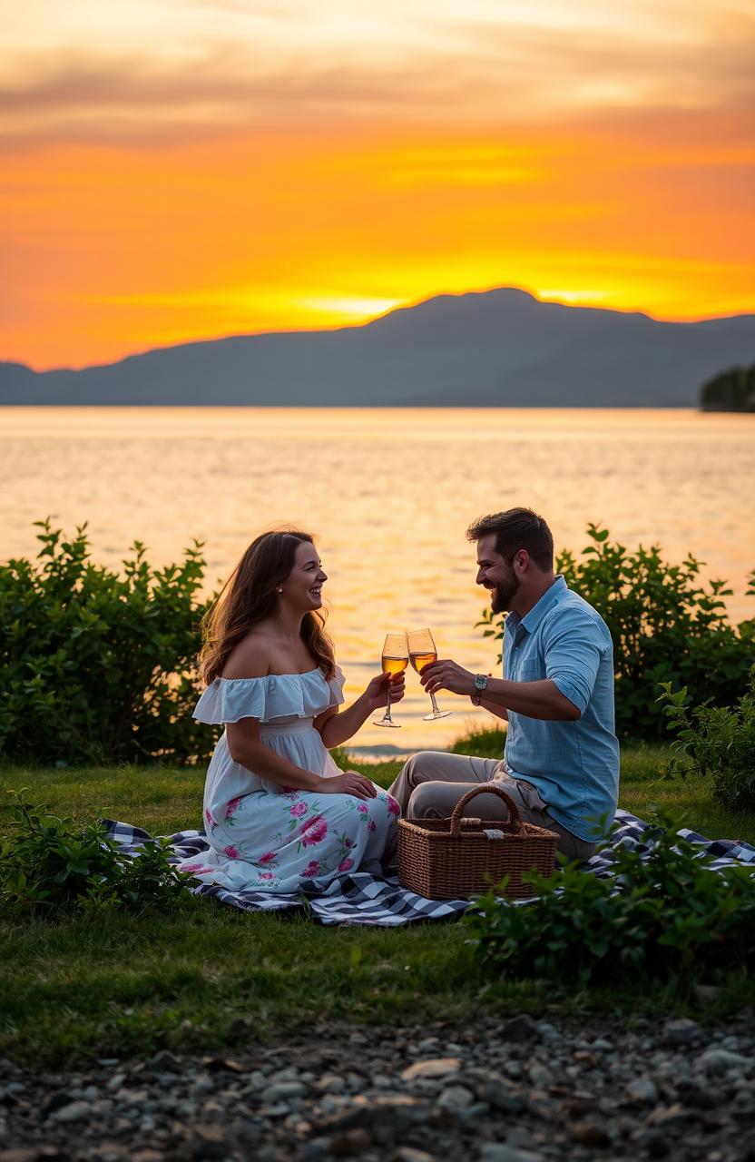 A serene lakeside scene at sunset, featuring a vibrant orange sky reflecting on calm water