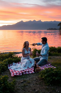 A serene lakeside scene at sunset, featuring a vibrant orange sky reflecting on calm water