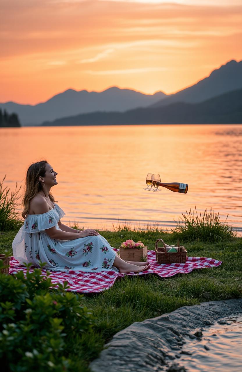 A serene lakeside scene at sunset, featuring a vibrant orange sky reflecting on calm water