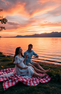 A serene lakeside scene at sunset, featuring a vibrant orange sky reflecting on calm water