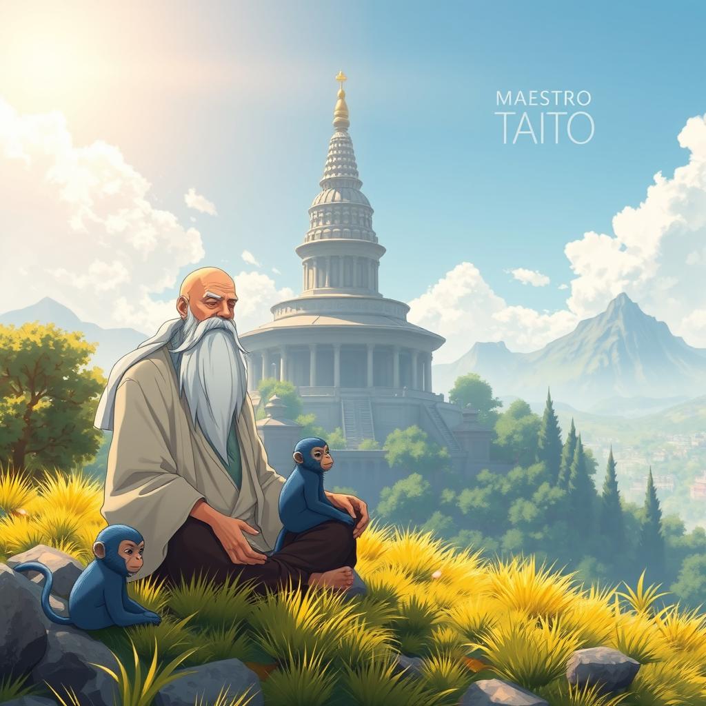 A beautiful and serene fantasy anime cover titled 'Maestro Taito', featuring an elderly man with a long white beard and a bald head, peacefully meditating on a sunlit hillside