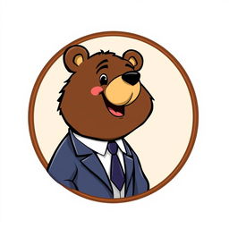 A cartoonish logo featuring an adult bear in a suit, looking sophisticated and friendly