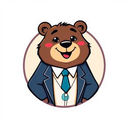 A cartoonish logo featuring an adult bear in a suit, looking sophisticated and friendly