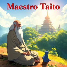 A beautiful and serene fantasy anime cover titled 'Maestro Taito', featuring an elderly man with a long white beard and a bald head, peacefully meditating on a sunlit hillside