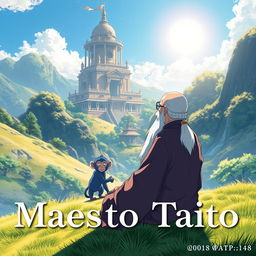 A beautiful and serene fantasy anime cover titled 'Maestro Taito', featuring an elderly man with a long white beard and a bald head, peacefully meditating on a sunlit hillside