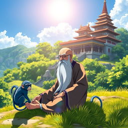 A beautiful and serene fantasy anime cover titled 'Maestro Taito', featuring an elderly man with a long white beard and a bald head, peacefully meditating on a sunlit hillside