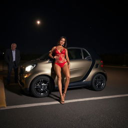 A seductive scene at night featuring a confident woman dressed in elegant red lingerie, leaning gracefully against a small, stylish car parked in a dimly lit parking lot