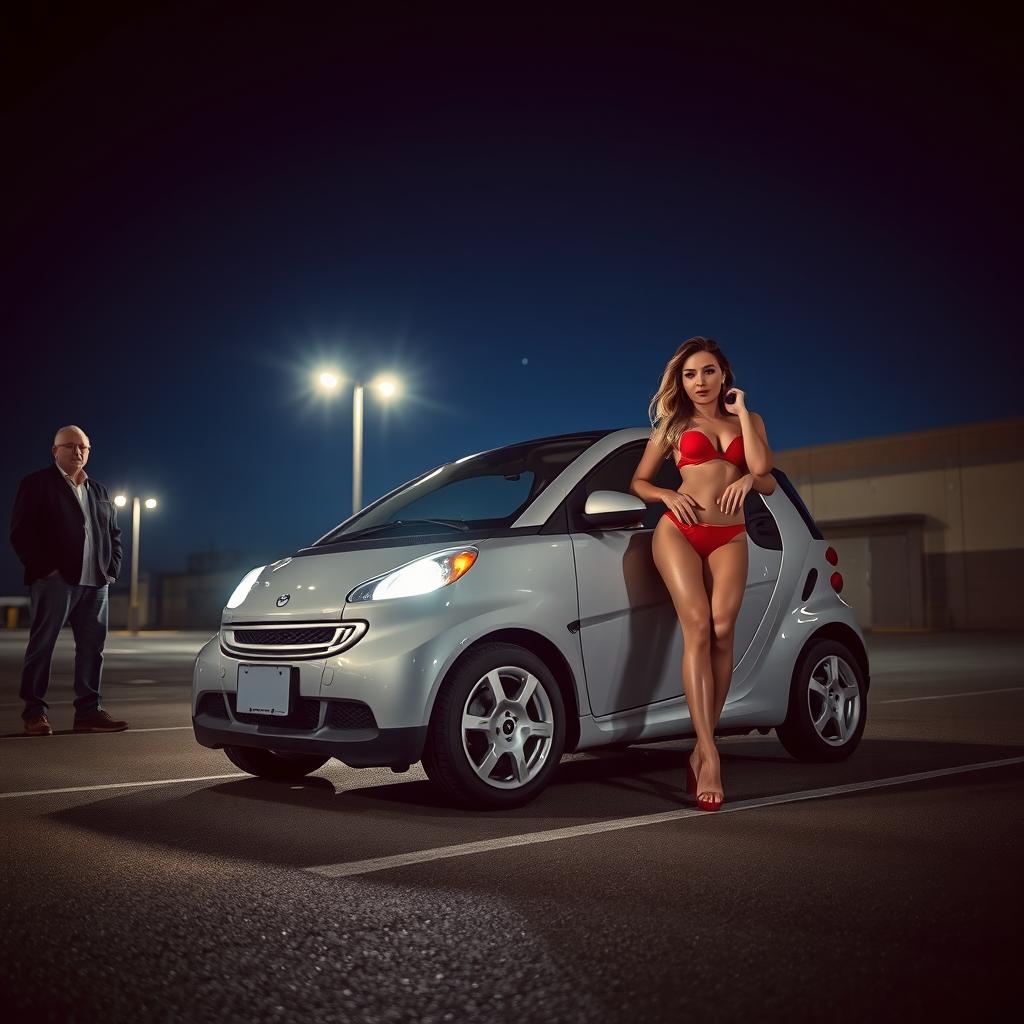 A dramatic night scene featuring a striking woman clad in alluring red lingerie, confidently leaning against a chic small car parked under the delicate glow of street lamps in a quiet parking lot