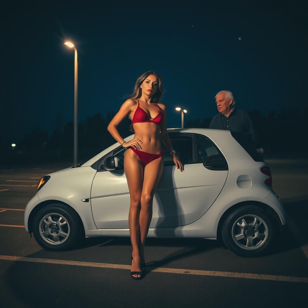 A dramatic night scene featuring a striking woman clad in alluring red lingerie, confidently leaning against a chic small car parked under the delicate glow of street lamps in a quiet parking lot