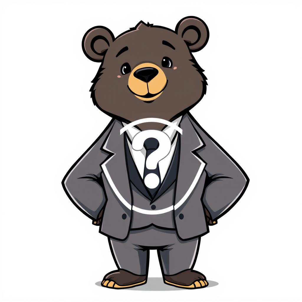 An adult bear wearing a sophisticated suit, standing confidently with a question mark symbol integrated into a circular logo design