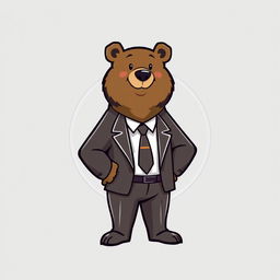 An adult bear wearing a sophisticated suit, standing confidently with a question mark symbol integrated into a circular logo design