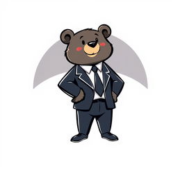 An adult bear wearing a sophisticated suit, standing confidently with a question mark symbol integrated into a circular logo design