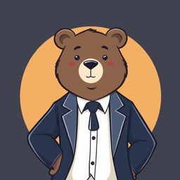 An adult bear wearing a sophisticated suit, standing confidently with a question mark symbol integrated into a circular logo design