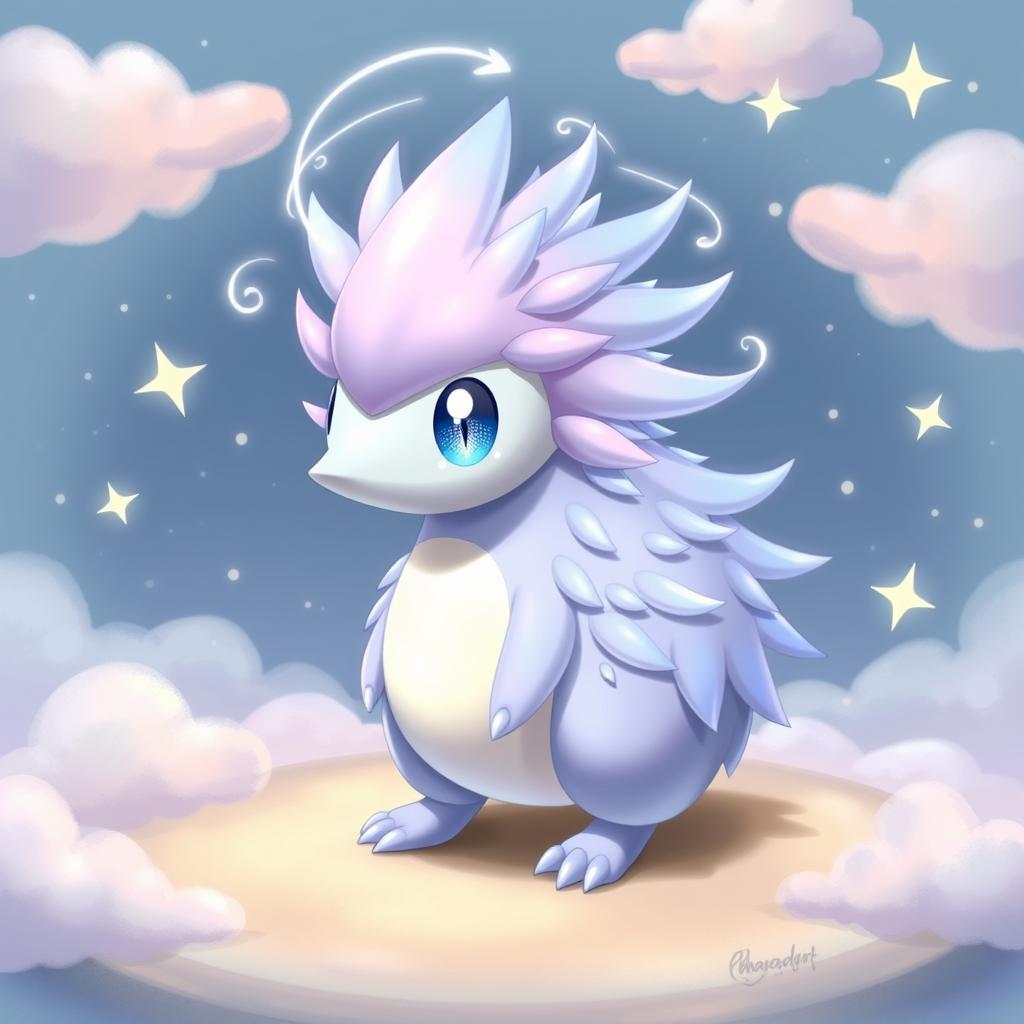 A Psychic-type echidna Pokémon concept, featuring a small, charming creature with a sleek body covered in soft, shimmering fur that transitions between calming shades of lavender and blue