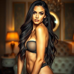 A stunningly attractive hot woman with long flowing hair, wearing a sexy outfit that accentuates her curves, posed confidently in a glamorous setting with soft lighting