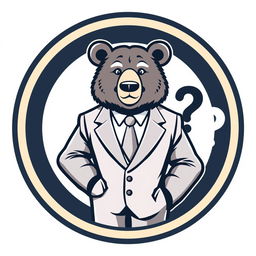 A logo design featuring an adult bear dressed in a formal suit, standing confidently with a questioning expression