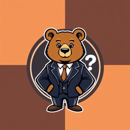 A logo design featuring an adult bear dressed in a formal suit, standing confidently with a questioning expression